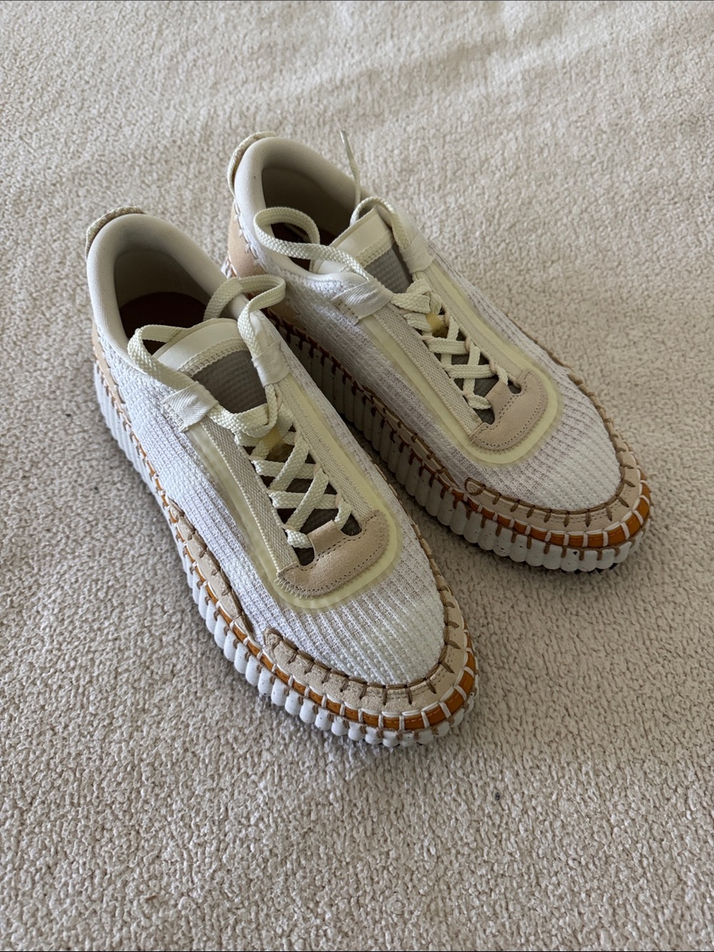 Chloé White and Tan Knit Platform Sneakers